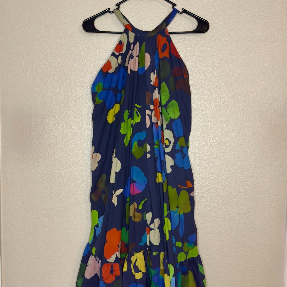 Anthropologie WHIT TWO - Halter Midi Dress Blue Floral Pockets lined